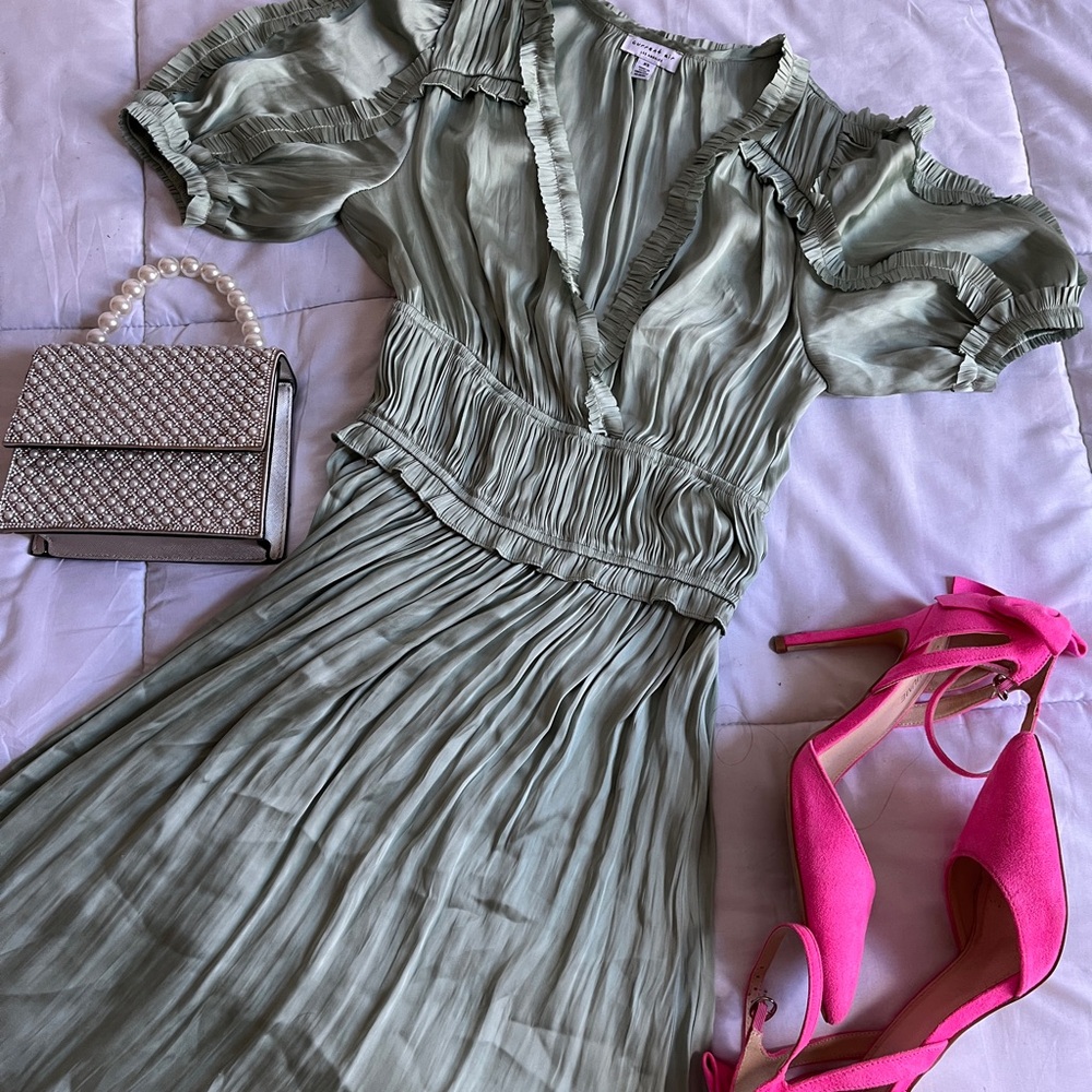 Current Air Sage Green Dress with Ruffled Sleeves